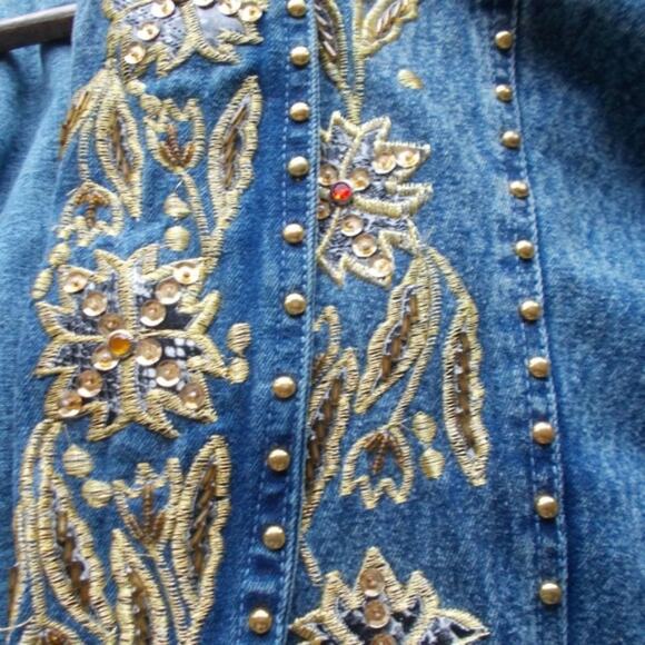 Vintage Denim Bejeweled Bat Wing Floral Embroidered Jean Jacket 80's Sz Large - Picture 8 of 8